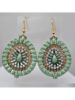 Mint Turquoise Crystal Beaded Dangle Earrings Sparkling Sage 2”